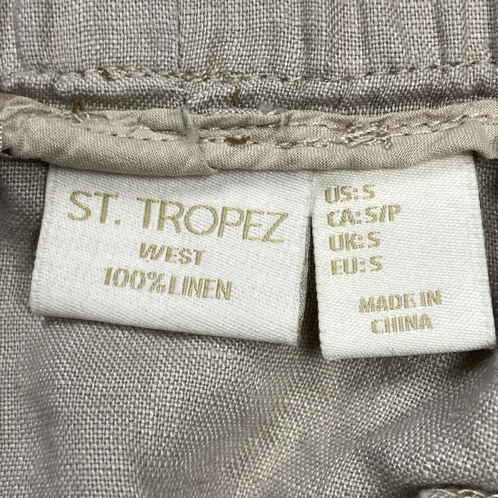 St. Tropez 100% Linen Skirt Size S Beige Drawstring Beachy Vacay Mini w/ Pockets